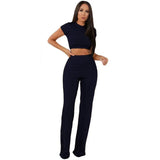knitted long sleeve o-neck crop top wide leg pants 2 piece set for female women tops pants two pieces sets women's