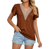 2023 New Gold Lace Lady V-Neck Tile Short Sleeve Solid Color T-Shirt Top-Outfit