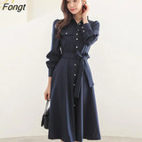 Han Queen 2021 autumn new korean dress lace-up slim design high-waist A-line mid-length pocket single-breasted party