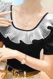 Fashion Temperament Round Neck Lace Ruffles Top Tee Summer Women 2023 Short Sleeve Solid Color Slim Pullovers