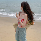 Flower Print Women's Crop Top Expose Navel Holiday Style Crop Top-Outfit