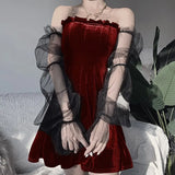 Dark Mesh Vintage Gothic Dresses egirl Aesthetic Transpanent Strap Pleated Dress Chic Punk Hip Hop Grunge Emo Alt