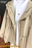 Oversized Casual Drawstring Drop Shoulder Windbreaker Women Long Sleeve Hooded Drawstring Zipper Pocket Cargo