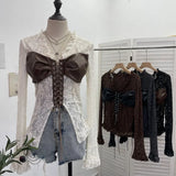 Fongt Shooting V Tie With Retro 2025 New Hottie Sexy Lace Splicing Pu Leather Hollow Shirt Top 6108