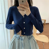 Women V-Neck Knitted Casual Short Sweaters Cardigans Lady Full Sleeve Thin Cardigan Outwear Crop Top for Female-Outfit