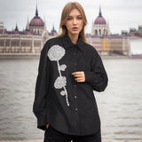 Fongt Spring New Fashion Temperament Stand Collar Heavy Industry Water Diamond Flowers Inlaid Loose Show Thin Women's Long Sleeve Shirt-Outfit