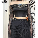 Black Gothic Women's T-shirt Streetwear Spider Web Sexy See Through Long Sleeve Crop Top Bandage PU Patchwork Punk