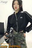 Korean Fashion Black Zipper Cropped Hoodies Women Gothic Grunge Graphic Print Sweatshirts Long Sleeve Sport Tops