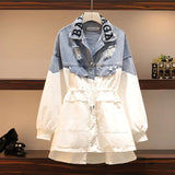 Denim Women's Windbreaker Lapel Lantern Sleeve Hit Color Drawstring Coat Female 2022 Autumn Fashion