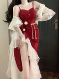 Sweet Two Piece Dress Suit Woman French Elegant Pretty Flower Kawaii Set Female Sexy Korean Fashion Lolita Dress Set