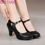 Genuine Leather shoes Women Round Toe Pumps Sapato feminino High Heels Fashion Black Work Shoe Plus Size