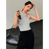 TWOTWINSTYLE Cut Out Skinny T Shirt For Women Round Neck Sleeveless Solid Slim Minimalist T Shirts Female Clothes Style New