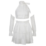 Casual Slim Solid Dress Set Women Holiday 2 Piece Sets Bow Crop Top With Gloves Mid-Waisted Mini Skirts With
