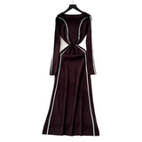Fongt High-End Sense Niche Fashion Side To Receive Waist Round Collar Long-Sleeved Sweater Dress Female Thin Dress