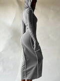 Sleeve Hooded Patchwork Skinny Maxi