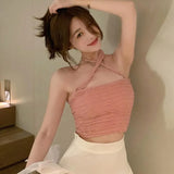 Women Solid Halte Tank Tops Slim Sexy Exposure Navel Camisole-Outfit