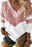 Women Elegant Patchwork Print Knit Sweater 2023 Autumn Sexy V-Neck Long Sleeve Pullover Tops Ladies Winter Casual Loose