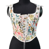 Fongt Ancient Printed Corset New French Retro Court Front Strap U Tie Leaf Printed Vest Female Wear