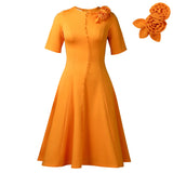 Fongt Women's 2025 New Short-Sleeved Solid-Colored Round-Collar Temperament Elegant African Dress
