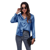 New Loose Long-Sleeved Blouse Simple V-Neck Cardigan Shirt Button Blouse Solid Color-Outfit