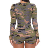 CHRONSTYLE Women Plaid Playsuit Sleepwear Camouflage Print Sexy V-neck Slim Playsuit One-piece Bodycon Buttons Up Short Jumpsuit-Outfit