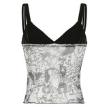 Harajuku Print Sleeveless Crop Top Casual Patchwork Mesh V Neck Camisole Women Summer Cute Vest Y2k Aesthetic Ladies Tees-Outfit