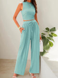 Fongt Summer Knitting Casual Suit Sleeveless Round Collar Short Repair Body Broad Leg Pants Two Sets