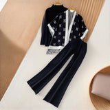 Fongt Ocean Gas Three-Piece Loose Wind Letter Embroidered Cardigan Jacket Bottom High Collar Knitting Tops Broad Legs