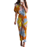 Fongt Women's Spring New Short-Sleeved Temperament Commute High-Waist Print Long Dress