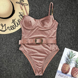 Black Buckle One Piece Swimsuit Women High Cut Metal Chain Strap Push Up Padded Monokini Bathing Suit Bodysuit