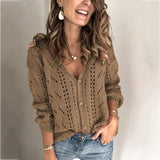 Fongt New Sweater Cardigan Women's Solid Color Hollowed-Out V-Neck Sweater
