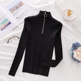 Office Lady Front Zipper Slim Knitted Sweater Long Sleeve Stand Collar Solid Casual Pullover 2021 Autumn Winter New