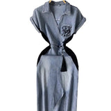 Fongt National Trend Denim Dress Women's New Chinese-Style Retro Embroidery Waist Thin Open Fork Ass Fashion Dress