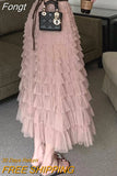 Pink Sweet Midi Skirt Women Korean Style Fluffy Elegant Cake Skirt Female High Waist Ruffle Casual Holiday Skirt