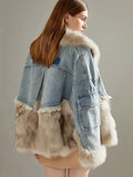 2024 Women Winter Denim Jacket Oversize Large Fur Collar Plus Velvet Jacket Detachable Thick Loose Warm Bomber Jean