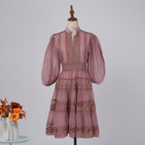 Fongt Dress Eugen Yarn Half-Open Lantern Sleeve Middle Sleeve Dress Lace Lace To Receive Waist Skirt