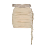Fongt Leather Suit PU Leather Splicing Waist Tsets Hollow Folding Net Lace-Uped Ass Skirt