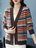 Striped Knit Cardigan Slim Elegant Knitwears Coat Casual Soft Malhas Casaco V-neck Tops Jackets New Woman Sweater
