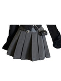 Women 2 Piece Sets Black vintage Gothic Chiffon Fishtail Shirt Sexy Skirt Female Slim Grey Pleated Skirts 2023 Autumn