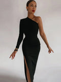 Shoulder Elegant Maxi Dress Diagonal Collar Side Split Sexy Long Summer Dress 2023 Women's Party Evening Dresses Black