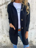 Fongt And Winter New Solid-Color Hooded Knitted Cardigan Women's Long-Sleeved Sweater Coat Loose Single-Dbutton Pocket Coat