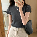 Basic Grey Shoulder T-Shirt Women's Short-Sleeved Round-Necked T-Shirt Threaded To Show A Thin Blouse In