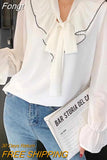 White Bow 2023 Sweet Chiffon Blouses Loose Tops Korean Flare Long Sleeve Shirts Women Autumn Female Ropa De Mujer