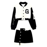 2023 New Casual 2 Piece Set Women Loose Hoodie Vintage Baseball Jacket High Waist Mini Skirts Two Piece