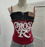 Fongt Edge Denim Spliced Letter Embroidered Sling Sling Vest T-Girls Short Top 23098