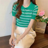 Chic Chromic Design With A Chic Polo Collar Knitted Shirt For Women's Summer T-Shirt Striped Short