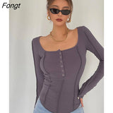Women Spring Summer Casual Slim Sexy Top Female Square Collar Long Sleeve Skinny Tee Ladies T-Shirt