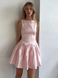 Solid Sleeveless Front Bow Mini Dress-Outfit
