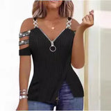 Fongt Hot Drill V Collar Off-The-Shoulder Metal Sling Zip Shoulder Sleeve Vest T-Shirt Pit Strip Small Shirt