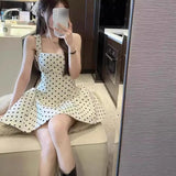 Fongt Square Tie Dress Women's Spring French First Love Pure Waist Short Skirt Casual Women Wave Point Print